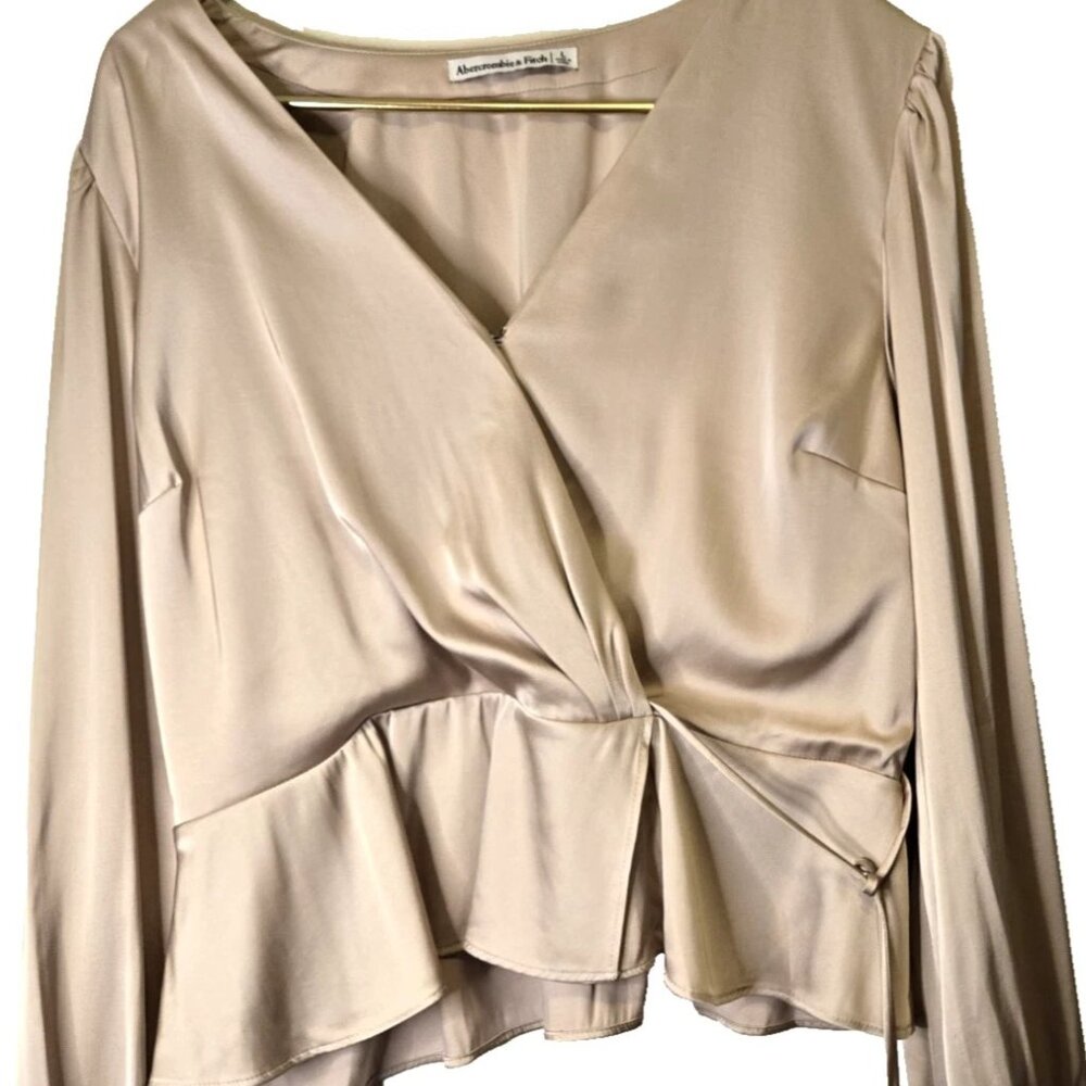 Abercrombie & Fitch A&f Satin Wrap Tie Front Blouse Cream Beige Peplum
